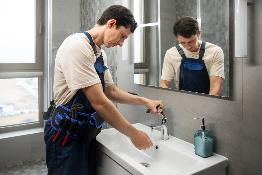 Técnico instalando un lavamanos con grifería moderna en un baño