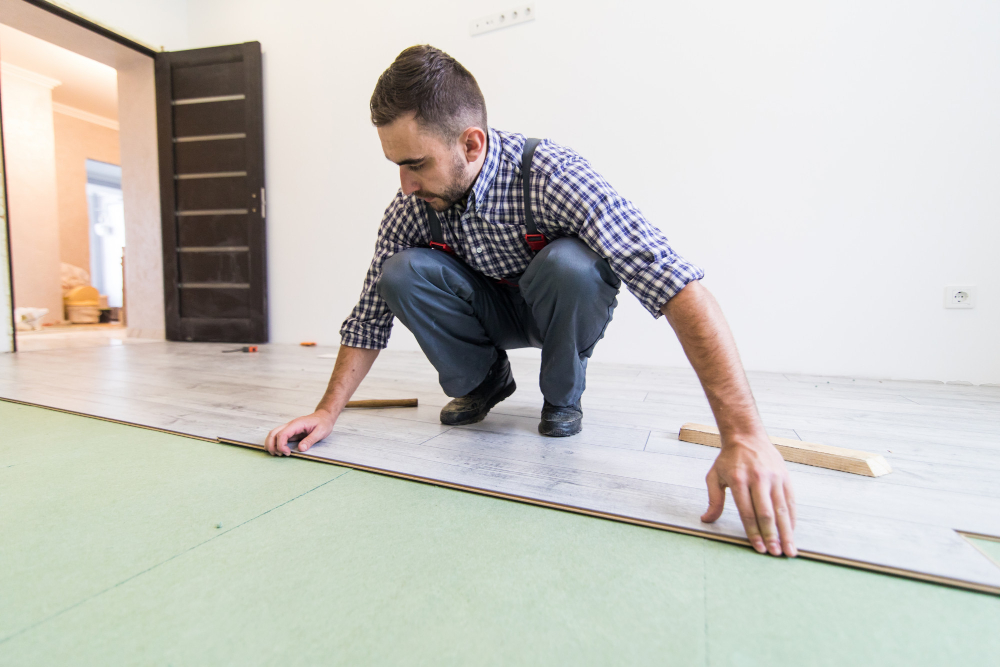Técnico instalando tablas de piso laminado
