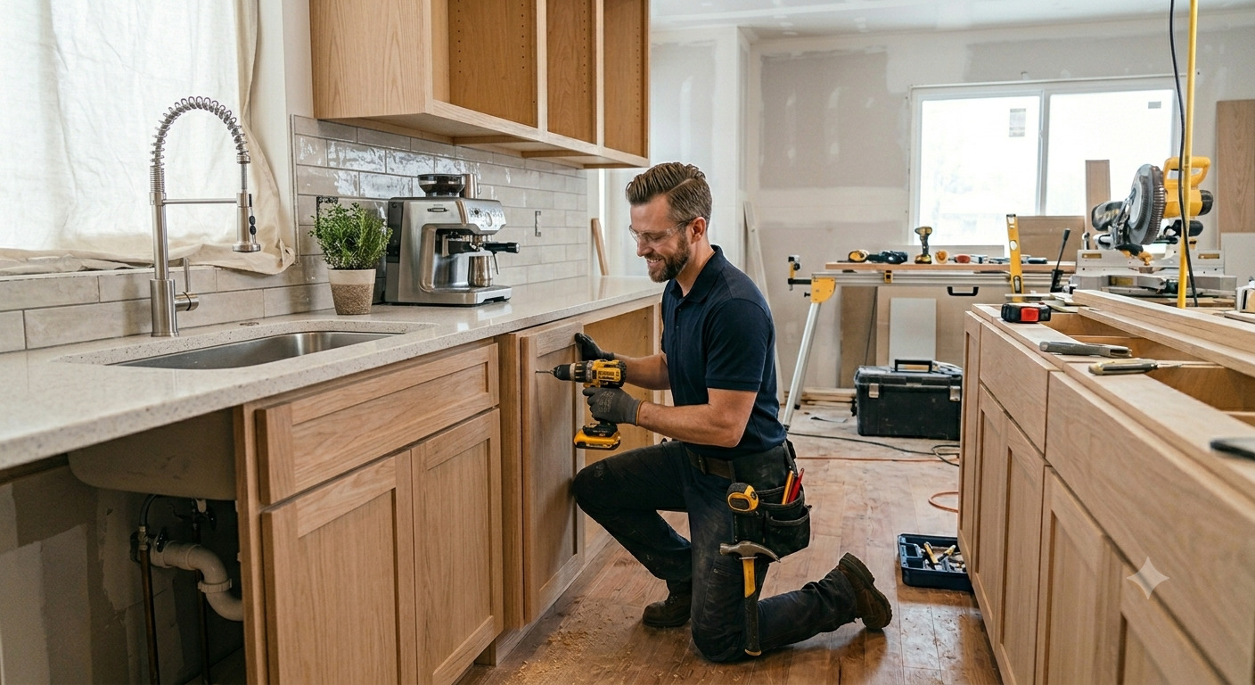 Técnico instalando puertas de madera en muebles inferiores como parte de los acabados de cocina en una remodelación residencial