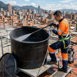 Profesional realizando la desinfección y lavado de tanques de agua plásticos en la azotea de un edificio