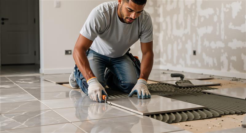 Profesional realizando enchapes de pisos y paredes de cerámica