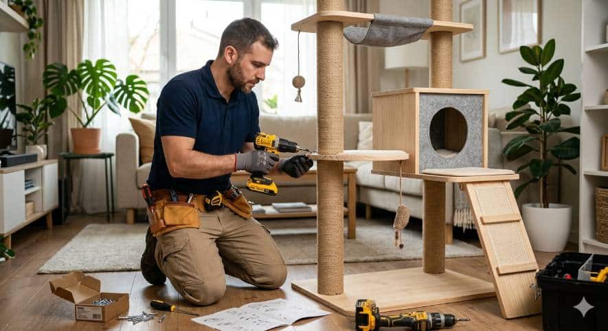 Profesional realizando instalaciones para gatos mientras monta un gimnasio y rascador de varios niveles en una sala de estar moderna y bien iluminada con plantas de interior al fondo