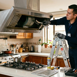 Técnico profesional en cocina residencial realizando el servicio de mantenimiento de campana extractora de acero inoxidable
