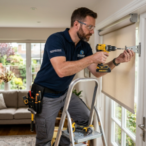 Professional installer on a step ladder mounting a window blind bracket in a sunlit living room.