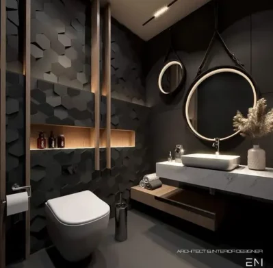 Diseño de baño color negro elegante y mueble blanco