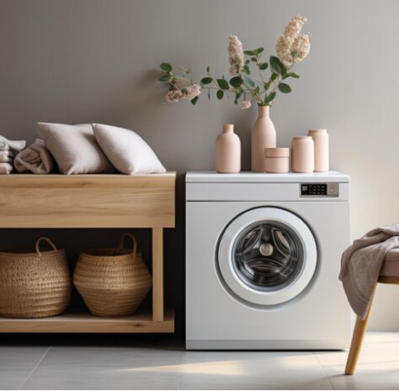 Cuarto de aseo gris elegante con lavadora gris