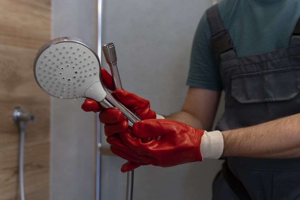 Un profesional con guantes de protección rojos sostiene un cabezal de ducha moderno durante un servicio de instalación de ducha en un cuarto de baño recién remodelado 