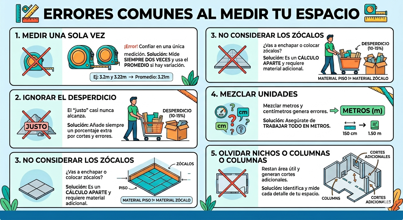 Infografía que detalla cinco errores comunes al medir un espacio, como ignorar el desperdicio o mezclar unidades, ideal para aprender a calcular metros cuadrados correctamente