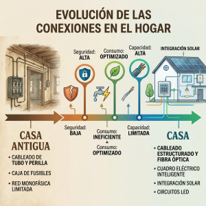 Infografía que muestra la evolución de las conexiones domésticas desde una casa antigua con baja seguridad hasta una casa moderna con alta capacidad e integración solar, detallando la instalación eléctrica en casa Infografía que muestra la evolución de las conexiones domésticas desde una casa antigua con baja seguridad hasta una casa moderna con alta capacidad e integración solar, detallando la instalación eléctrica en casa