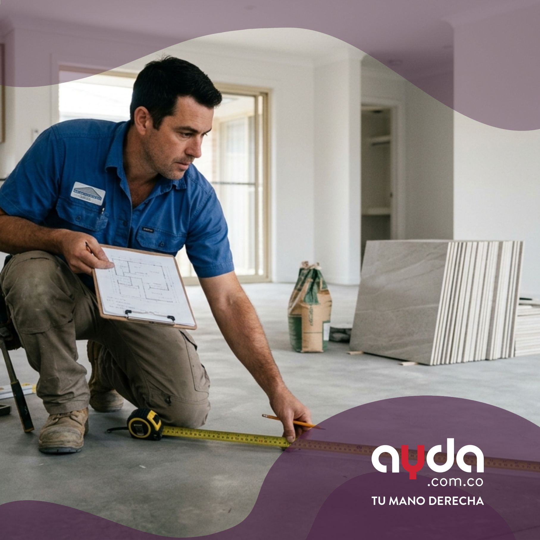 Especialista en construcción mide el suelo de cemento de una casa con una cinta métrica y sostiene un plano, explicando cómo calcular metros cuadrados exactos para la obra