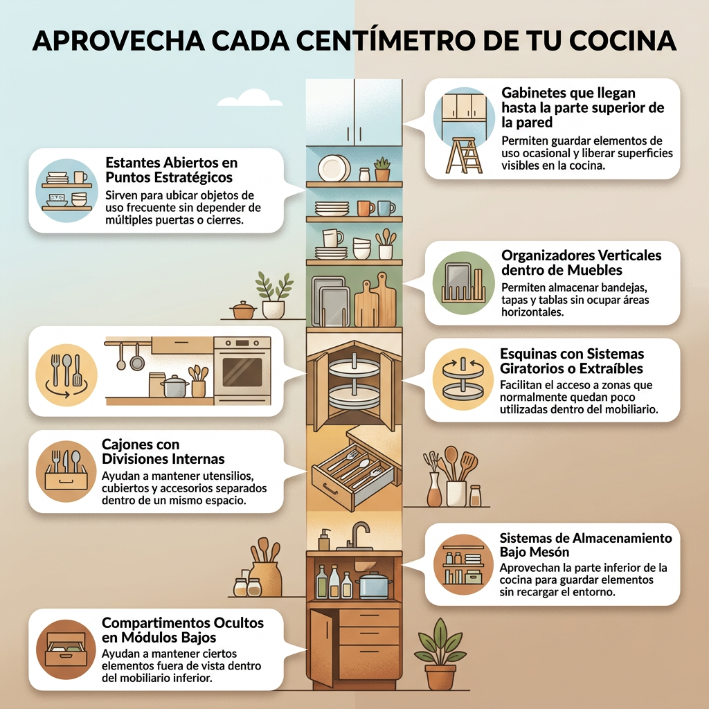 usa estas ideas para remodelación de cocinas pequeñas Infografía que muestra de forma vertical soluciones de almacenamiento inteligente para una remodelación de cocinas