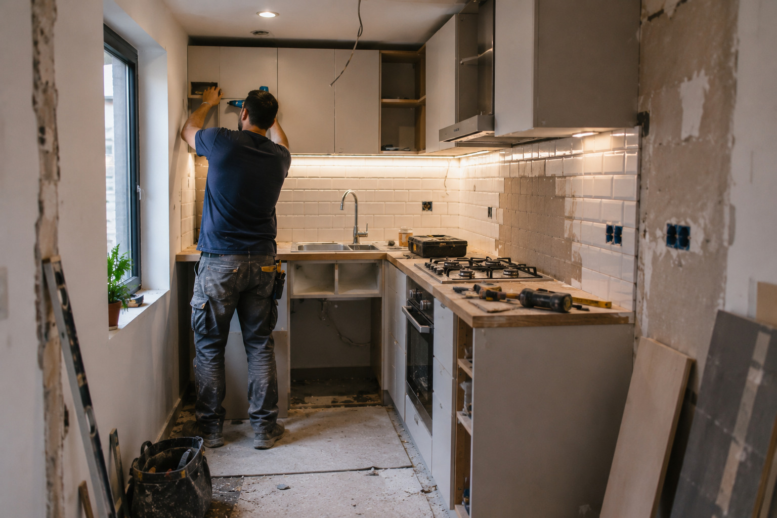 una remodelación de cocinas pequeñas puede cambiar tu casa para bien Trabajador instalando muebles en remodelación de cocina pequeña moderna
