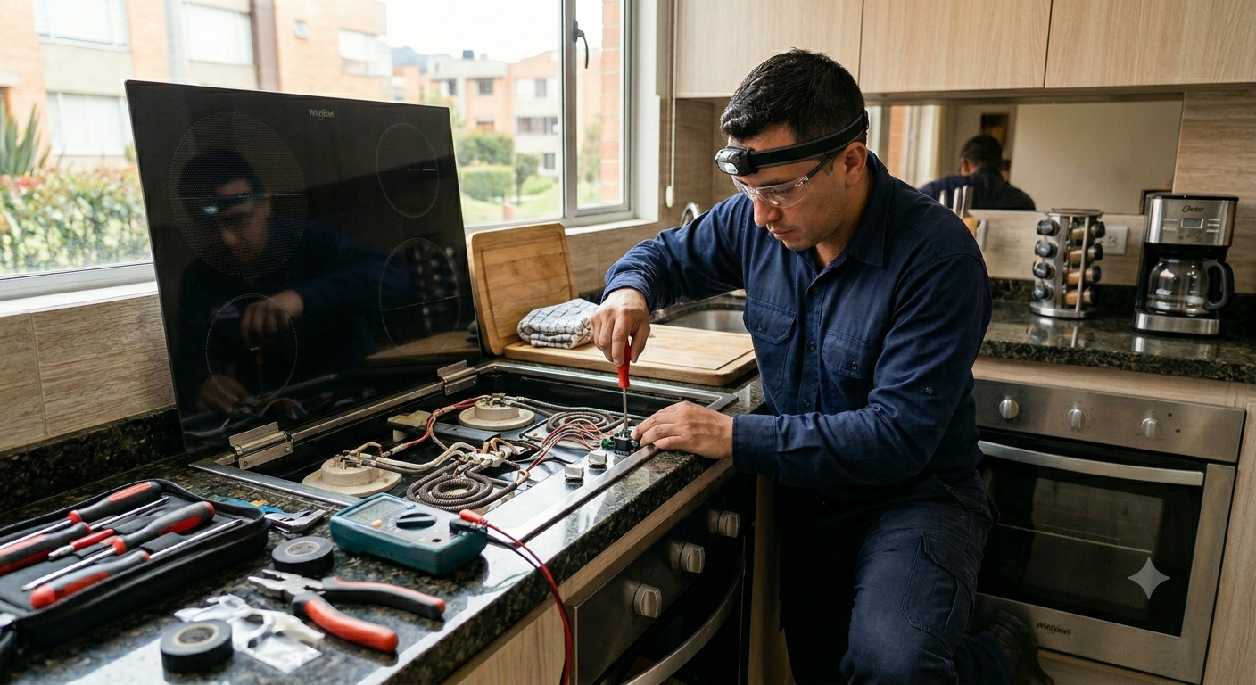 Técnico profesional realiza la reparación de estufa eléctrica empotrada en una cocina, utilizando herramientas especializadas como destornillador y multímetro