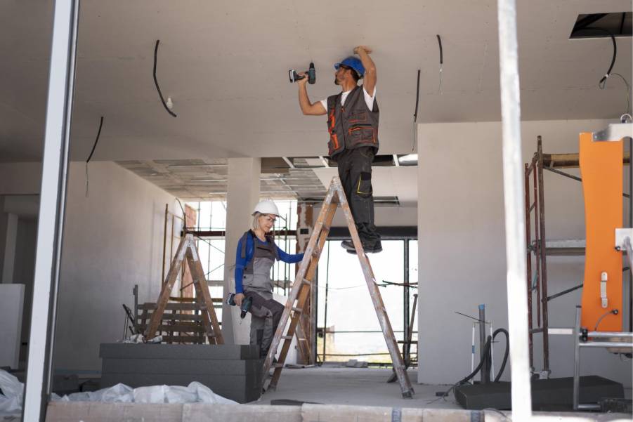 Un profesional trabajando en las tuberías del baño con su caja de herramientas, como parte de un proyecto de remodelación de casa