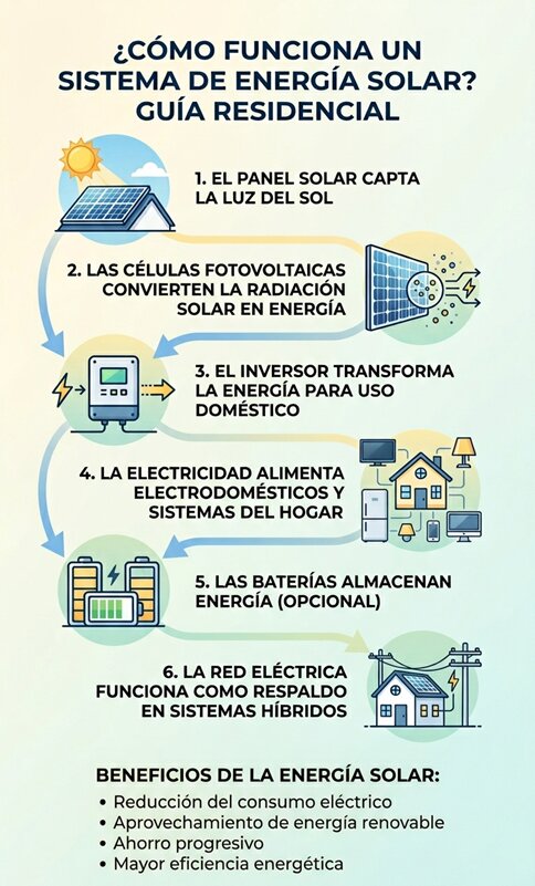 Infografía sobre cómo funciona un sistema de energía solar residencial y sus principales componentes en el hogar.