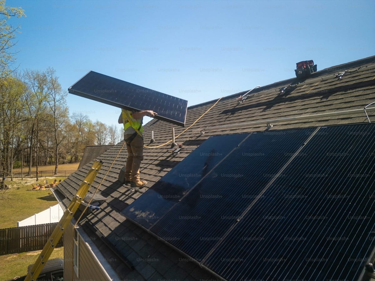 Sistema de energía solar residencial instalado en una casa con paneles solares sobre techo inclinado 
