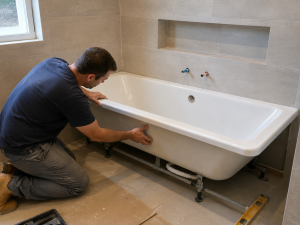 nstalación de bañera por un profesional en un baño elegante y moderno