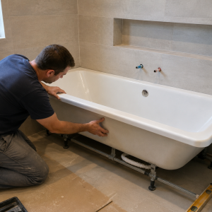 nstalación de bañera por un profesional en un baño elegante y moderno