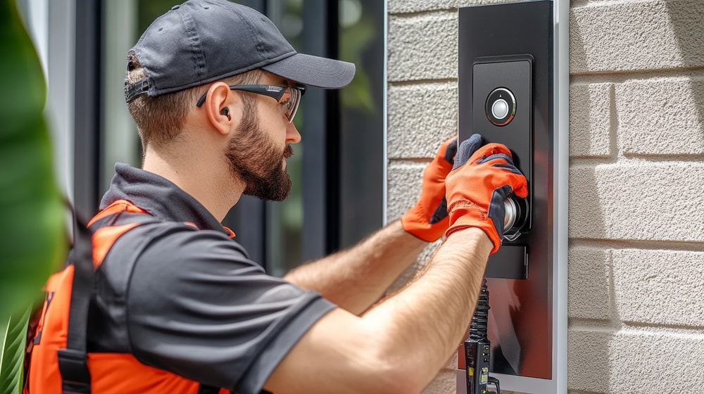 Instalación de un timbre inteligente en Bogotá por técnico profesional en la pared junto a una puerta