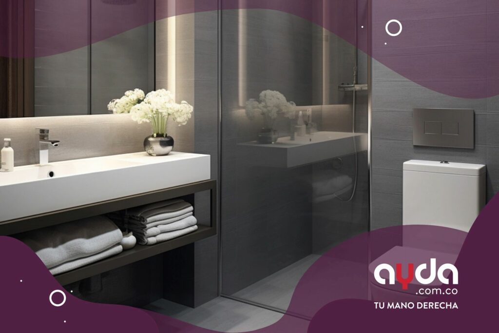 Acabados de baño pequeño en tono gris con mueble flotante, espacio de almacenamiento para toallas y sanitario flotante.