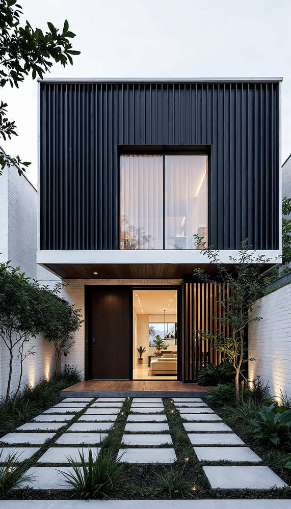 Fachada de casa moderna con líneas verticales negras, ventana grandes y plantas alrededor