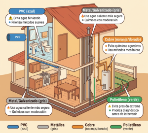  Infografía que explica cómo destapar una cañería según su material y consejos de mantenimiento para evitar obstrucciones 