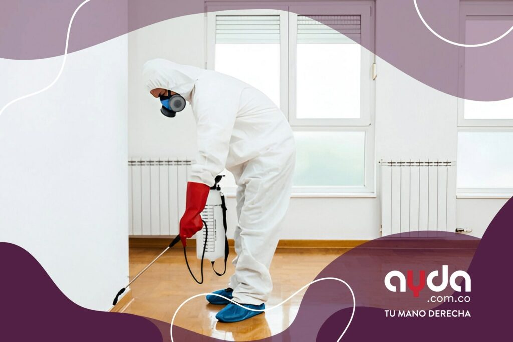 Exterminador aplicando plaguicida para eliminar las cucarachas Un exterminador con guantes rojos y mascarilla rocía el zócalo de una pared blanca, aplicando plaguicida para eliminar las cucarachas y controlar plagas
