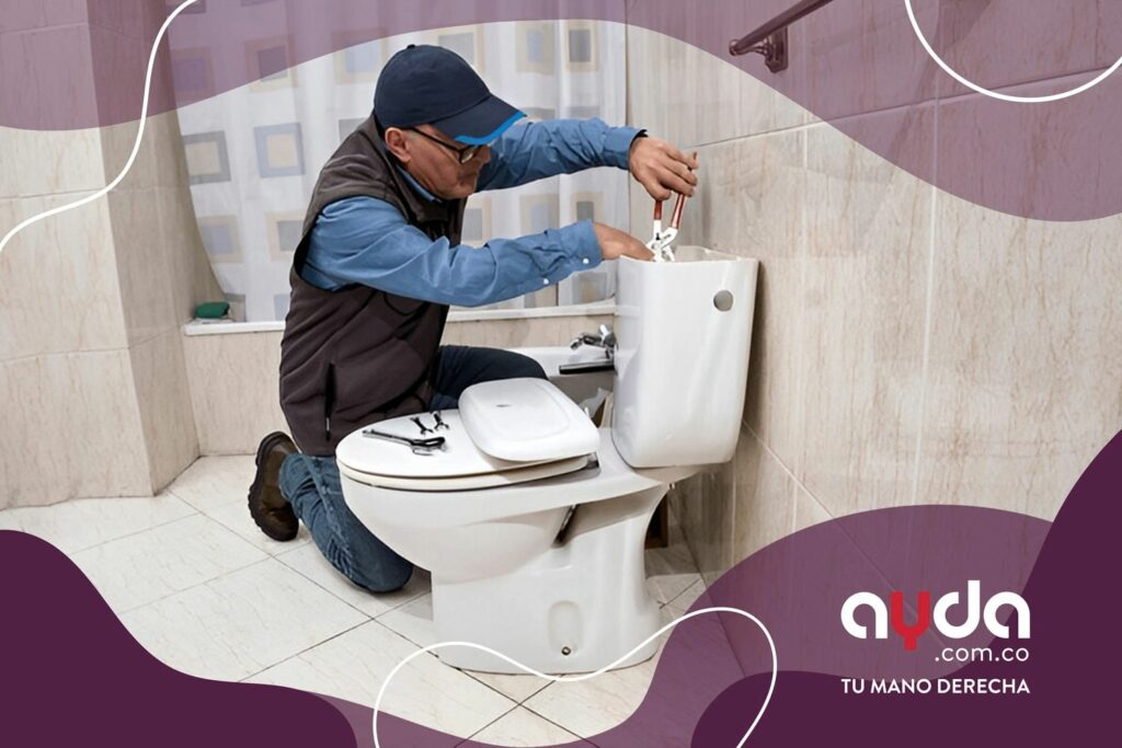 Plomero destapando inodoro y reparando el tanque Un plomero con gorra y chaleco trabaja arrodillado para reparar el tanque y destapar el inodoro