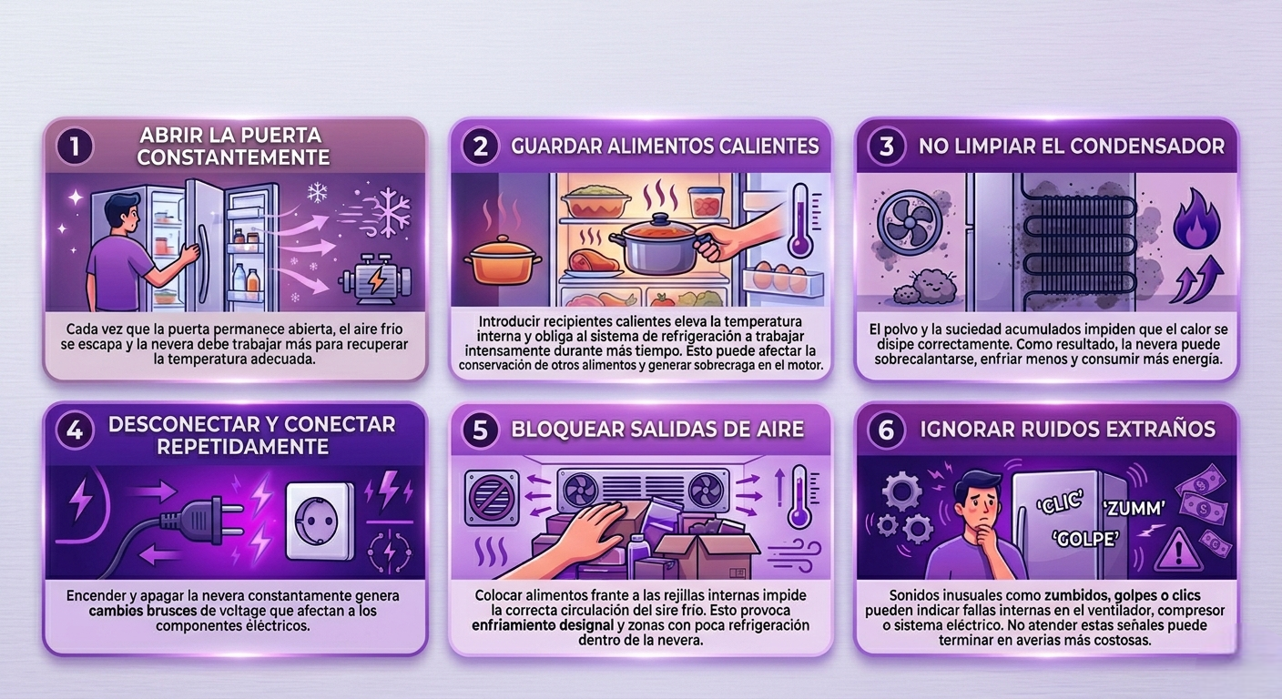 Técnico en el arreglo de una nevera que prende, pero no enfría Infografía en tonos morados con 6 errores comunes al usar el refrigerador que explican por qué una nevera prende, pero no enfría
