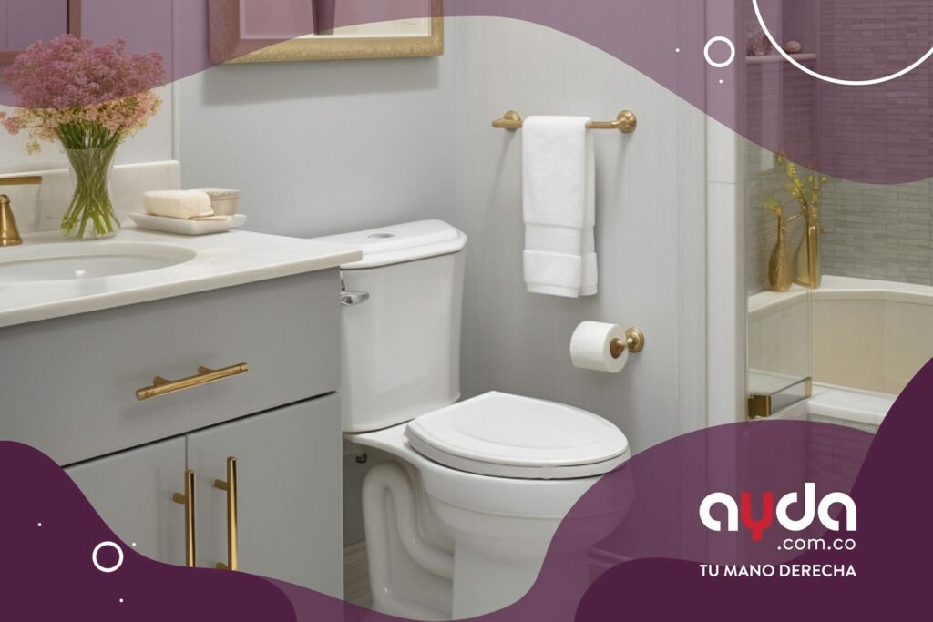 Remodelación de baños pequeños con paleta beige y gris, buena iluminación, decoración de flores y acabados de baños con manijas doradas. 