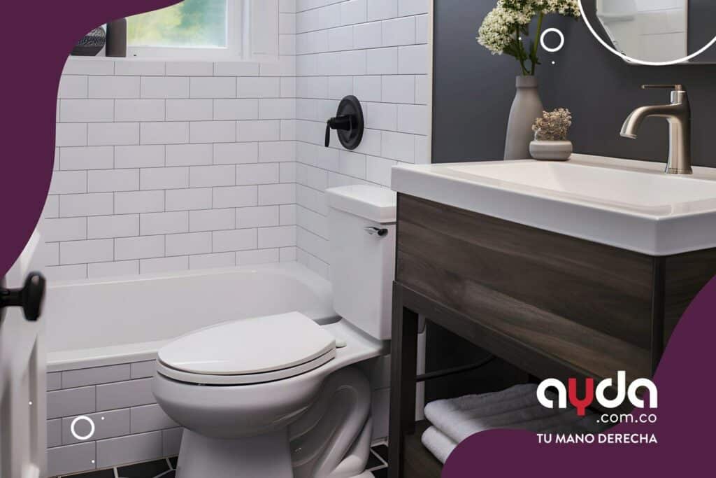 Remodelación de baños pequeños con pared gris, mueble de almacenamiento, piso negro, buena ventana e iluminación en acabados de baños. 