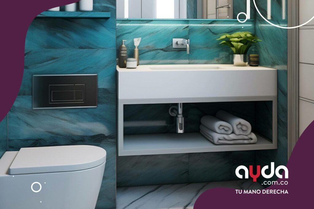 Remodelación de baños pequeños con mármol azul, piso claro y muebles flotantes de almacenamiento en acabados de baños. 