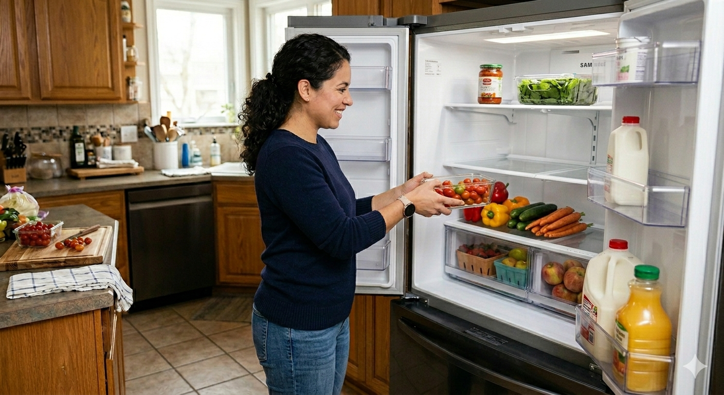 Técnico en el arreglo de una nevera que prende, pero no enfría Una mujer organiza envases con verduras frescas dentro de una nevera limpia y bien iluminada en su cocina, evitando que se presente el problema cuando la nevera prende, pero no enfría