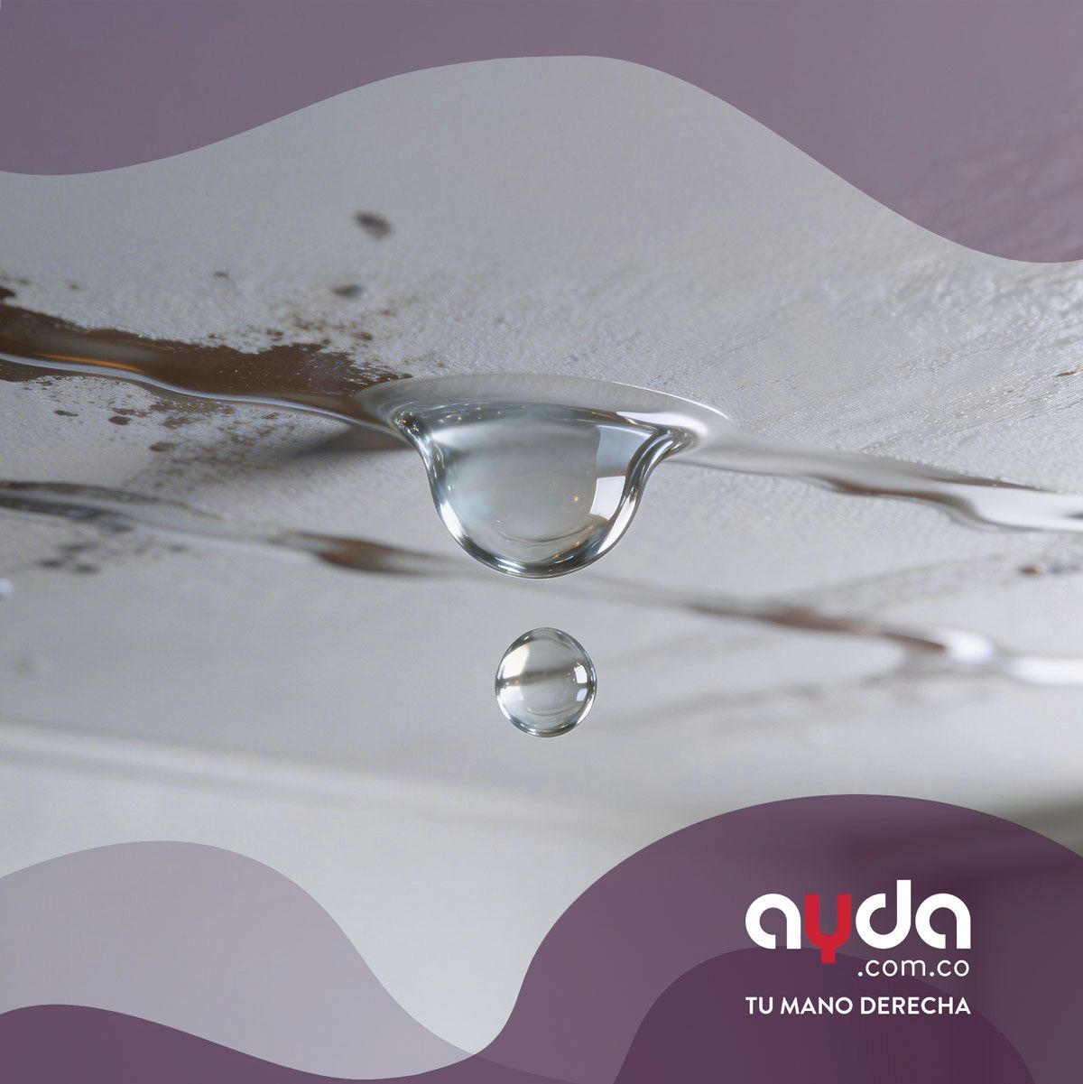Agua goteando de una gran grieta abierta en el techo de una sala de estar. Un grave problema de filtraciones de agua en el techo