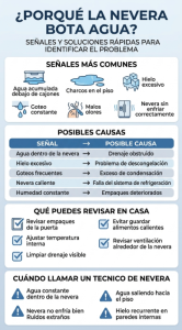 Infografía de reparación de neveras con señales de acumulación de agua, posibles causas y recomendaciones. 