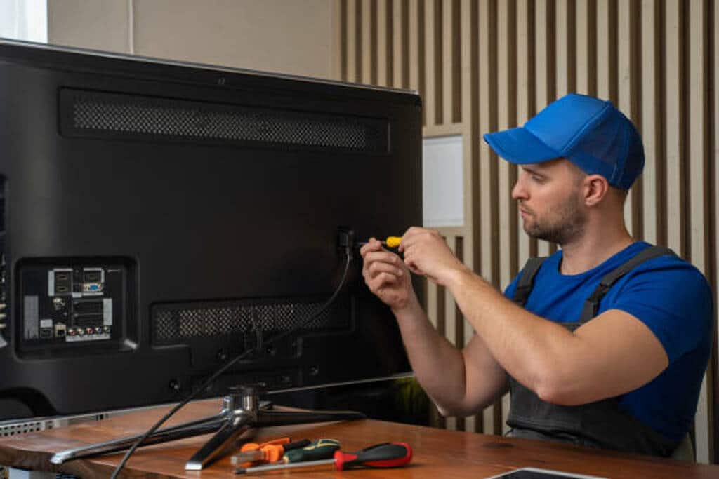 Técnico con uniforme y gorra azul realizando la reparación de televisión de pantalla plana, ajustando los cables y puertos traseros