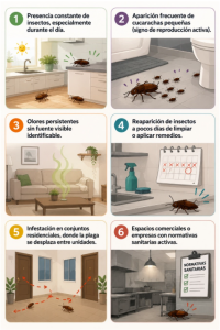 Infografía sobre cómo eliminar las cucarachas y cuándo es necesario fumigar ante una infestación en el hogar o negocio