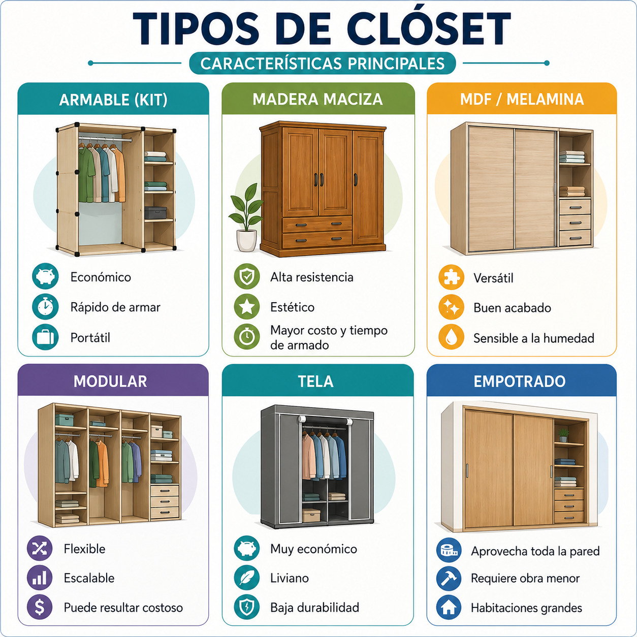 Infografía detallada que explica las características de clósets armables, de madera, MDF, modulares, de tela y empotrados, ideal para aprender cómo armar un clóset según el material 